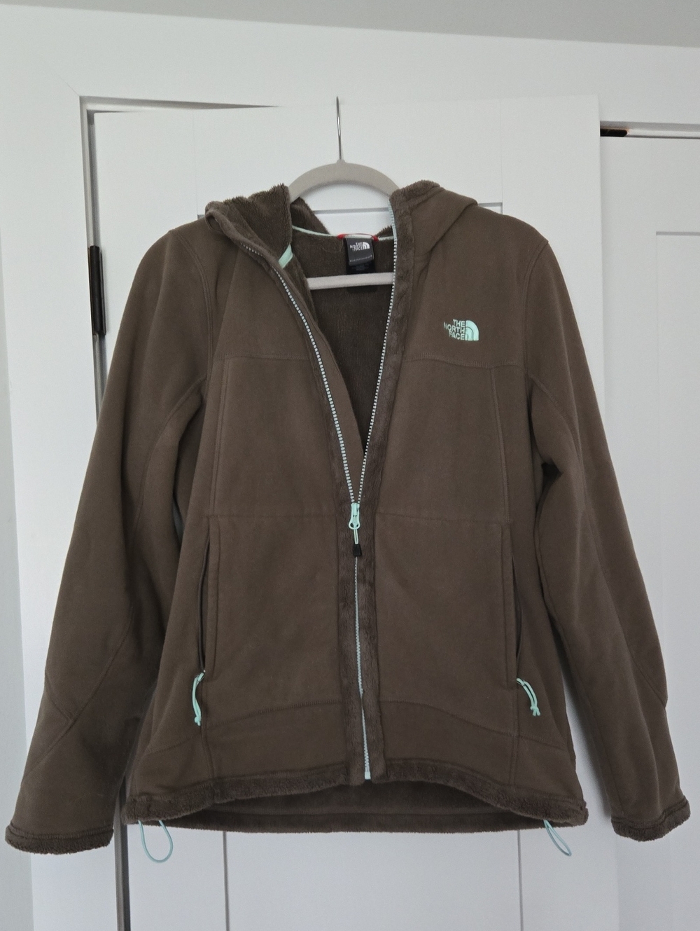 The North Face Olive Green Fleece Zip Jacket Hoodie with Mint Accents Size Large